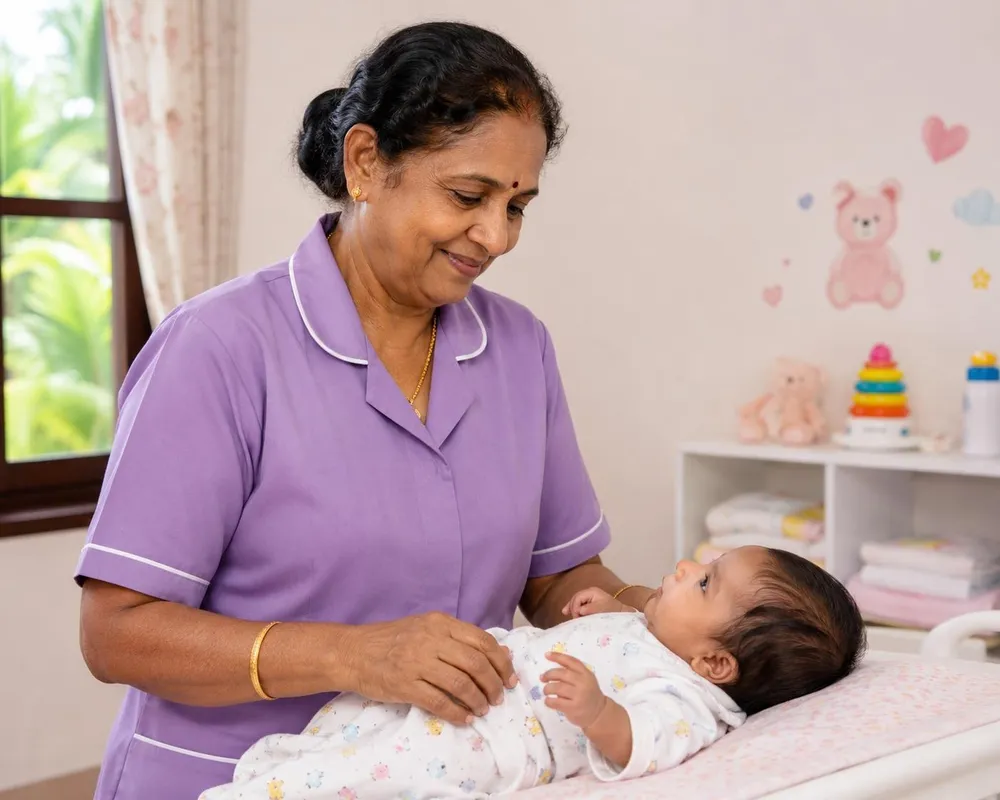 Baby care staff in uniform tending to an infant on a changing table in a nursery