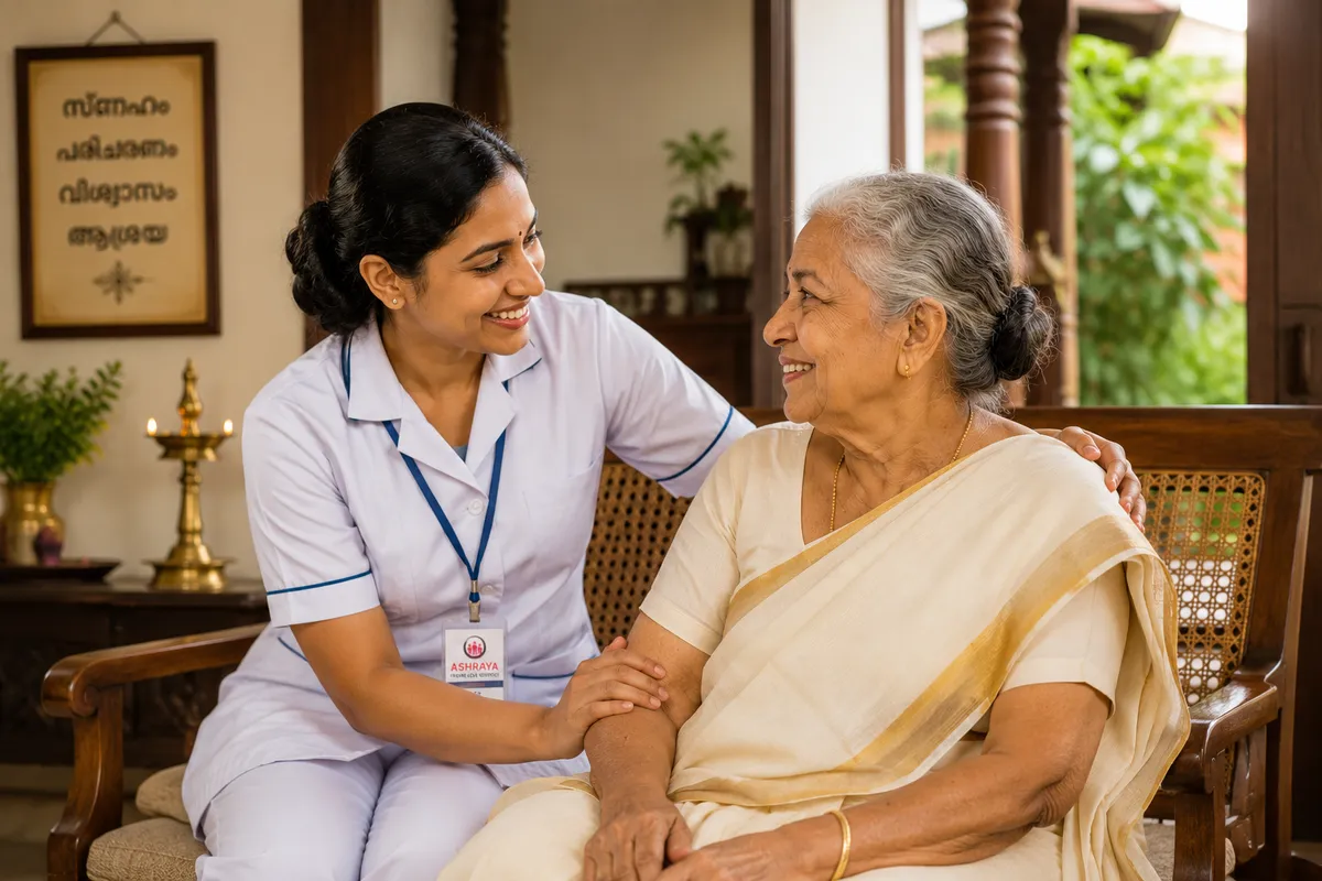 Ashraya caregiver in uniform sitting with an elderly woman at her home in Kerala