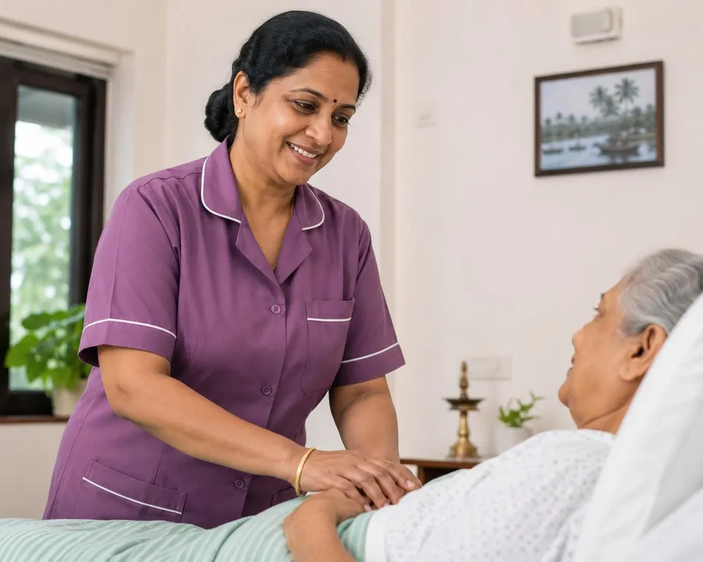 Home nurse in uniform holding the hand of an elderly woman resting in bed at home