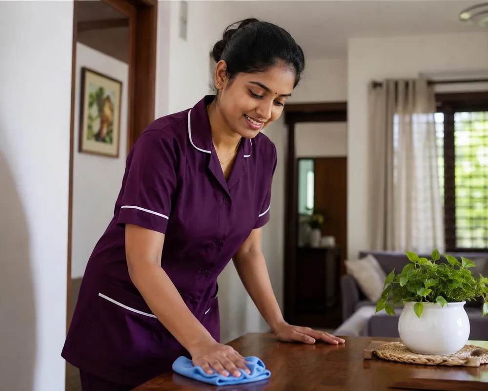 House maid in uniform wiping a wooden table in a bright living room