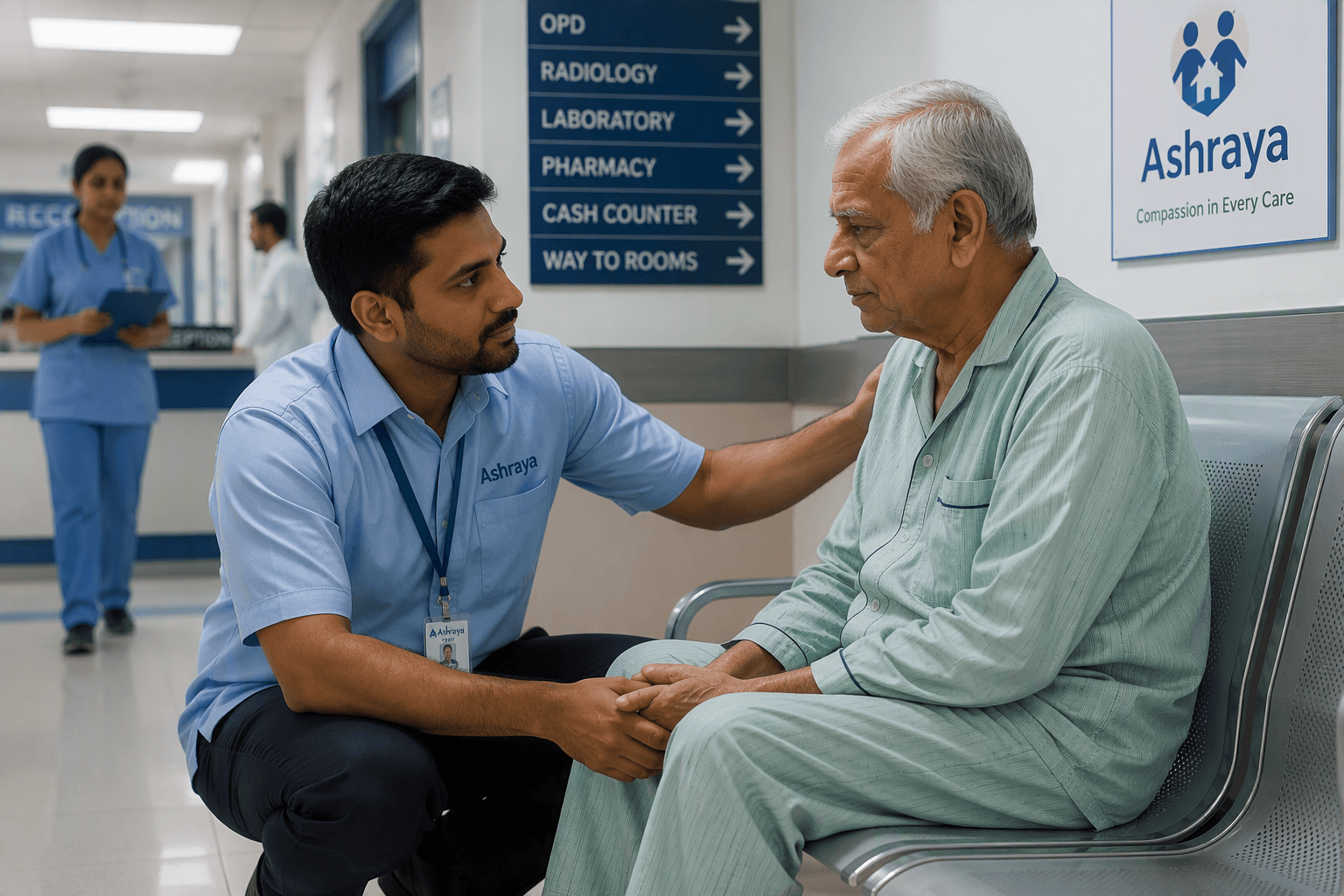 Hospital bystander in a Care at Home uniform attending to an elderly woman in a hospital bed